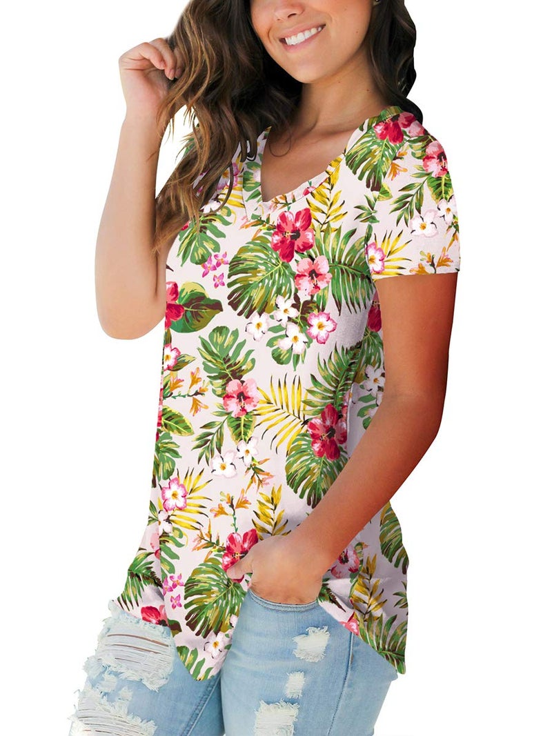 SAMPEEL Cute Summer Tops for Women V Neck Floral T Shirts Loose Boho Clothes Beige L - Image 2